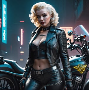 (full shot:1.2), (detailed face: 1.2), Best quality, masterpiece, ultra-high resolution, (photorealistic: 1.2), (best quality)), ((masterpiece)), 1 girl, marilyn monroe, biker outfit, cyberpunk 2077 world, realistic photo, full body, ultra details,photo r3al