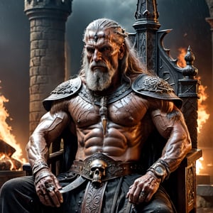 (full shot:1.2), (detailed face: 1.2), Best quality, masterpiece, ultra-high resolution, (photorealistic: 1.2), (best quality)), ((masterpiece)), old age king, muscular body with scars, long hair, tattoos full body, wear skulls rings, holding big sword, drink beer, full dining table, sit on old big chair, ancient era, old castle, big crown, big fire place, rain weather, cinematic lighting, Movie Still,detailmaster2,photo r3al