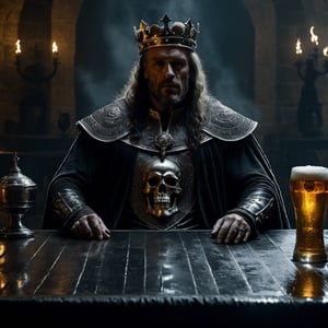 (full shot:1.2), (detailed face: 1.2), Best quality, masterpiece, ultra-high resolution, (photorealistic: 1.2), (best quality)), ((masterpiece)), an old king, muscular body, long hair, tattoos full body, skulls ring, drink beer on a full dining table, sit on skulls chair, ancient era, old castle, big crown, rain weather, big fire place, hold big sword cinematic lighting,Movie Still,detailmaster2