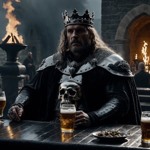 (full shot:1.2), (detailed face: 1.2), Best quality, masterpiece, ultra-high resolution, (photorealistic: 1.2), (best quality)), ((masterpiece)), an old king, muscular body, long hair, tattoos full body, skulls ring, drink beer on a full dining table, sit on skulls chair, ancient era, old castle, big crown, rain weather, big fire place, hold big sword cinematic lighting,Movie Still,detailmaster2