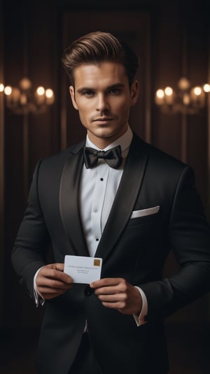 golden brown hair,detailmaster2,aesthetic portrait,cinematic colors,moody,full body image,man wearing tuxedo,holding VIP card