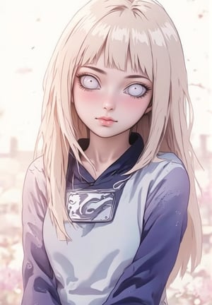 A detailed portrait of Hinata Hyuga from the Naruto anime series, standing against a pure white background. She should be wearing her iconic blue and white outfit, with her long blonde hair flowing freely. Her eyes should be closed, and a serene expression should be on her face. The background should be completely white, with no other elements present. The image should be rendered in a high-quality, anime style with vibrant colors and sharp details.