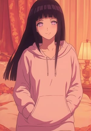 Create an image of Hinata, a beloved anime character, standing casually in her cozy pajamas and a hoodie. Her long, dark hair flows freely, and she has large, expressive anime eyes that sparkle with warmth and kindness. She wears a relaxed smile on her face, embodying comfort and charm. The background should feature a warm, inviting bedroom atmosphere with soft lighting, enhancing the cozy feel of the scene. Focus on the cute details of her outfit, capturing her laid-back yet captivating essence