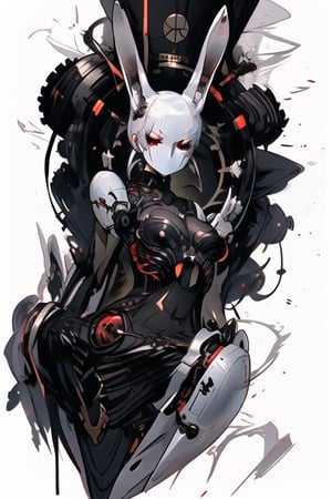Create a concept for a fierce female cyborg humanoid with a sleek combination of black and red coloring. Equip her with built-in razor-sharp swords that complement her dynamic and powerful presence.,More Detail,outfit-km,potcoll,horror (theme),round ass,seethrough_china_dress,Rabbit ear