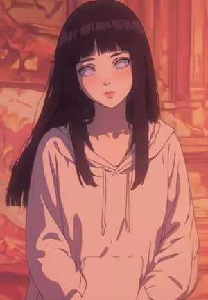 Create an image of Hinata, a beloved anime character, standing casually in her cozy pajamas and a hoodie. Her long, dark hair flows freely, and she has large, expressive anime eyes that sparkle with warmth and kindness. She wears a relaxed smile on her face, embodying comfort and charm. The background should feature a warm, inviting bedroom atmosphere with soft lighting, enhancing the cozy feel of the scene. Focus on the cute details of her outfit, capturing her laid-back yet captivating essence