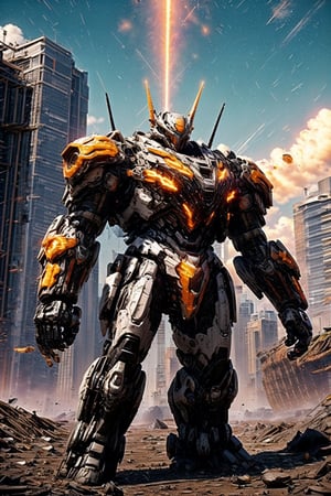 Create an awe-inspiring scene featuring a colossal mech, towering over a war-torn landscape, its metallic frame gleaming in the fiery glow of battle. The mech exudes an aura of power and dominance, adorned with intricate designs and glowing energy cores pulsating with untapped potential. Its massive limbs are equipped with formidable weaponry, crackling with energy ready to unleash devastation upon its enemies. Surrounding the mech are swirling clouds of dust and debris, stirred up by the sheer force of its movements, as it strides forward with an unstoppable determination, a symbol of unstoppable might in the midst of chaos,photorealistic