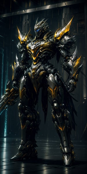 Create a highly detailed and majestic mecha knight standing tall in the rain, resembling a powerful warrior from a futuristic world. The mecha should be clad in gleaming white armor with intricate golden accents, reflecting a blend of elegance and strength. The armor should have sharp, angular designs with layered plating, giving it a formidable appearance. The knight should be holding a massive, intricately designed sword, with glowing blue or orange energy lines running through it. The background should be dark and dramatic, with rain pouring down and sparks flying, adding to the epic and intense atmosphere. The lighting should emphasize the metallic sheen of the armor and the glowing energy, creating a visually striking contrast