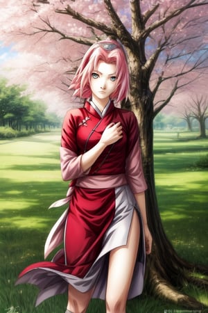 Generate a high-quality image of Sakura from the anime 'Naruto' in a non-combat, relaxed pose. Sakura should be depicted in a standing or sitting position, exuding a sense of calmness and serenity. Ensure her facial expression reflects tranquility and inner peace. The background should complement Sakura's character and not depict any fighting scenes. Instead, consider a serene natural setting such as a cherry blossom garden or a peaceful meadow with soft sunlight filtering through the trees. Sakura's attire should be true to her character design from the anime, with attention to detail and accuracy. Additionally, please incorporate subtle elements that convey Sakura's personality traits, such as determination and kindness. Use [insert website URL] to generate the image, ensuring it meets high-quality standards and captures the essence of Sakura's character from 'Naruto' accurately,better_hands