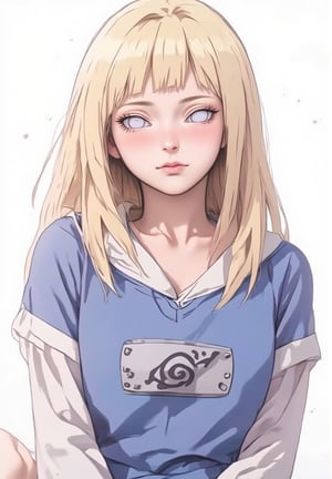 A detailed portrait of Hinata Hyuga from the Naruto anime series, standing against a pure white background. She should be wearing her iconic blue and white outfit, with her long blonde hair flowing freely. Her eyes should be closed, and a serene expression should be on her face. The background should be completely white, with no other elements present. The image should be rendered in a high-quality, anime style with vibrant colors and sharp details.