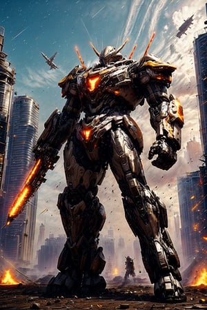 Create an awe-inspiring scene featuring a colossal mech, towering over a war-torn landscape, its metallic frame gleaming in the fiery glow of battle. The mech exudes an aura of power and dominance, adorned with intricate designs and glowing energy cores pulsating with untapped potential. Its massive limbs are equipped with formidable weaponry, crackling with energy ready to unleash devastation upon its enemies. Surrounding the mech are swirling clouds of dust and debris, stirred up by the sheer force of its movements, as it strides forward with an unstoppable determination, a symbol of unstoppable might in the midst of chaos,photorealistic