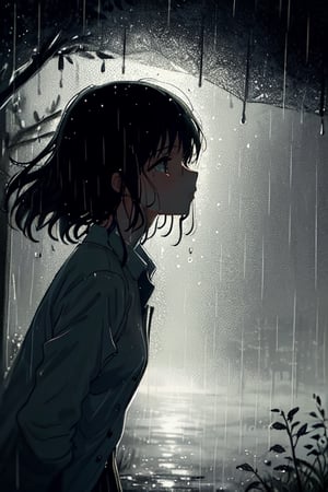 Create a poignant AI illustration of a girl standing in the rain, her figure drenched in the soft, melancholic glow of a rainy day. Depict the girl with her hair clinging to her face and her clothes weighed down by the downpour, evoking a sense of vulnerability and solitude. Emphasize the natural elements, such as the falling raindrops and the misty ambiance, to convey the atmospheric beauty and emotional depth of the scene.

Utilize subtle lighting and shading techniques to capture the interplay of light and shadow amidst the rain, adding a touch of poignancy to the overall composition. Focus on expressing the girl's emotions through her posture and facial expression, highlighting the introspective and contemplative mood that the rainy setting evokes. The final image should evoke a sense of empathy and immersion, inviting viewers to empathize with the girl's emotional journey in the midst of the tranquil yet somber rain