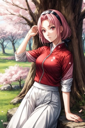 Generate a high-quality image of Sakura from the anime 'Naruto' in a non-combat, relaxed pose. Sakura should be depicted in a standing or sitting position, exuding a sense of calmness and serenity. Ensure her facial expression reflects tranquility and inner peace. The background should complement Sakura's character and not depict any fighting scenes. Instead, consider a serene natural setting such as a cherry blossom garden or a peaceful meadow with soft sunlight filtering through the trees. Sakura's attire should be true to her character design from the anime, with attention to detail and accuracy. Additionally, please incorporate subtle elements that convey Sakura's personality traits, such as determination and kindness. Use [insert website URL] to generate the image, ensuring it meets high-quality standards and captures the essence of Sakura's character from 'Naruto' accurately