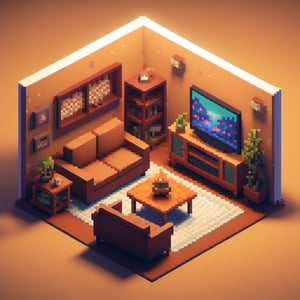 diorama, isometrics style, A dimly lit living room bathed in the warm glow of the television. The sofa is invitingly arranged with throws and pillows, and a steaming mug sits on the coffee table. Capture the essence of a peaceful and relaxing evening at home, isometric style, isometric,pixel art