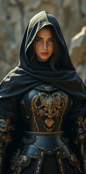 epic composition, cinematic lighting, masterpiece, a medieval girl knight, preparing for a fight, wearing hooded dark robes, and a intrincate black armor with elaborated golden ornaments, dynamic action pose, frontal shot, medieval war background, full body portrait, dim volumetric lighting, 8k octane beautifully detailed render, extremely hyper-detailed, intricate, stunning Detailed matte painting, deep color, fantastical, intricate detail, complementary colors, fantasy concept art, 8k resolution trending on Artstation Unreal Engine 5, bioluminescent, holographic, Volumetric light, rays, zdyna_pose,action shot