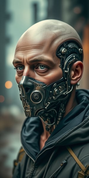 A highly detailed cyberpunk male cyborg with a completely bald head, realistic human features, and intricate mechanical components and wires integrated seamlessly into the head. The cyborg has a mechanical mask covering the mouth and jaw area, and a serious expression. The setting is a dystopian, industrial environment with a soft background blur.