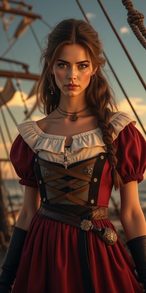 Sensual Beauty (Talia Morgulis) 18-th Century Pirate Captain, (vivid eyes), smooth long Brown ponytail hair, wearing, (traditional 18-th century Burgundy Pirate outfit), Commanding her ship, ((Pirate ship deck Background)) , (dynamic pose, random pose, modeling:1.4), (Mid body shot), sensual, beautiful, mesmerizing, concept art, highly detailed, artstation, behance, deviantart, inspired by innocent manga, inspired by video game concept art, trending, ayami kojima, shinichi sakamoto, Extremely Realistic, UHD, 8K, sharp focus, highly detailed masterpiece, bokeh, masterful volumetric lighting, epic light, intricate, intense colors, vibrant colors, chromatic aberration, epic fantasy, powerful aura, passionate, sensual, sexy, fiery,oil paint,Movie Poster,oil painting, chiaroscuro, tenebrism