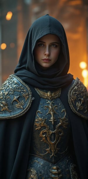 epic composition, cinematic lighting, masterpiece, a medieval girl knight, preparing for a fight, wearing hooded dark robes, and a intrincate black armor with elaborated golden ornaments, dynamic action pose, frontal shot, medieval war background, full body portrait, dim volumetric lighting, 8k octane beautifully detailed render, extremely hyper-detailed, intricate, stunning Detailed matte painting, deep color, fantastical, intricate detail, complementary colors, fantasy concept art, 8k resolution trending on Artstation Unreal Engine 5, bioluminescent, holographic, Volumetric light, rays, zdyna_pose,action shot