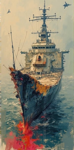 "An imaginative and impressionist depiction of a ripped, tattered, and battle-worn appearance of a large ship, with vibrant, focused brushstrokes capturing every detail. A focused impressionist image where every brushstroke is sharp and clear. Color palette blends muted, earthy tones with vibrant accents, enhancing the depth and atmosphere of the scene. Every detail in the image in sharp focus. Distinct forms and shapes in the background should suggest a military flying drone."