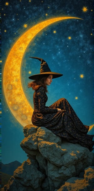 (masterpiece, top quality, best quality, official art, beautiful and aesthetic:1.2), (1girl:1.4), extreme detailed, a witch sitting on a crescent moon through a starry night, captured in the detailed gouache style of Hieronymous Bosch and Klimt,art_booster