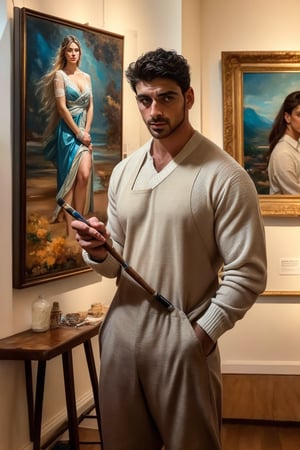 handsome man with captivating eyes, standing in an art gallery, holding a paintbrush. He is surrounded by admiring women, mesmerized by his latest masterpiece. The painting depicts a melancholic love story, hinting at the man's hidden sorrow."






