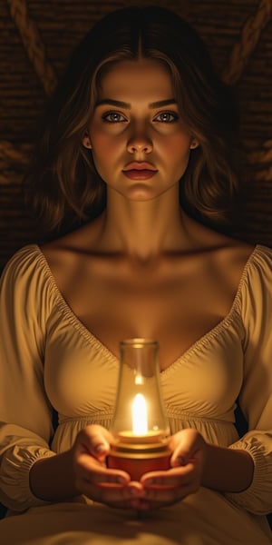 masterpiece, high quality, oil painting style, 1brown village belle, traditional curved revealing  blouse, oil lantern only source of light in room, her eyes explain a newlywed's  yearning, traditional village rope bed backdrop 