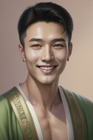 smile man, ancient,realistic,green eyes,Ethnicity  asian
