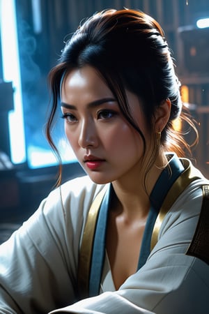 Close-up, 8K Ultra HD. A girl in white lies on the ground, photo of a Chinese woman, sad Steven Seagal in a prison cell, Three Kingdoms of China, sharp focus, emitting diodes, smoke, artillery, sparks, racks, system unit, motherboard, author Pascal Blanche Rutkowski Repin artstation hyperrealism painting concept -art detailed character design matte painting, blade runner in 4k resolution in the style of Jeremy Mann and Charles Dana Gibson, Mark Demsteader, Paul Hedley. Studio Ghibli Genshin Impact, vector illustration