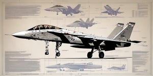 Detailed with notes, digital multicolored laser sketch of the F-14 Tomcat, slick bold design, clean lines, gloss finish, blueprint, perfect, awesome.