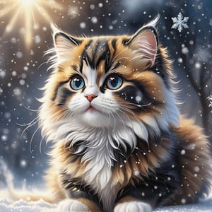 little fluffy Persian Calico kitten playing with little snowflakes, small
detailed eyes with highlights, long eyelashes, fur, original style, cute, cute and charming, fantasy with glowing eyes, sparkling snow, soft light, glitter, professional photo, beautiful,3d, realistic, 8k, high resolution, cgi, hyperrealism, 1/300's, highly detailed digital painting, bizarre