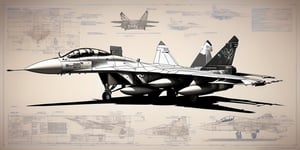 Detailed with notes, digital multicolored laser sketch of the MIG 29, slick bold design, clean lines, gloss finish, blueprint, perfect, awesome.