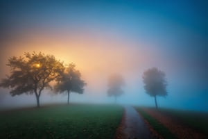 The park at rain, twilight, fog, mist, golden hour, blue vibes 