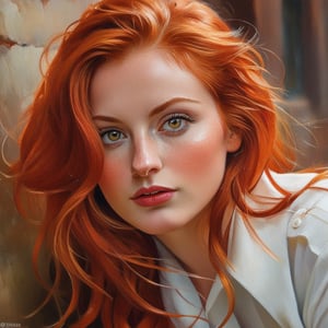 Close up, portrait, painting of a woman with red hair, by Marek Okon, beautiful art uhd 4k, red wavy hair, very thick and oil paint, she has red hair
style Jamie Wyeth, James Gillard, Edward Hopper, Greg Rutkowski Studio Ghibli Genshin Impact