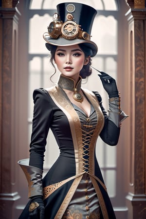 Full body shot, wearing gold shades, choke collar, HZ steampunk, Asian female, grey pupils, very tight victorian style dress that covers her entire body, Wearing victorian era hat, use gold and silver color for fashion, black intricate design on the dress, steampunk style, seductive smirk,