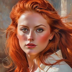 Close up, portrait, painting of a woman with red hair, by Marek Okon, beautiful art uhd 4k, red wavy hair, very thick and oil paint, she has red hair
style Jamie Wyeth, James Gillard, Edward Hopper, Greg Rutkowski Studio Ghibli Genshin Impact