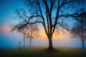 The park at rain, twilight, fog, mist, golden hour, blue vibes 