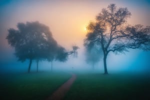 The park at rain, twilight, fog, mist, golden hour, blue vibes 