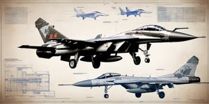 Detailed with notes, digital multicolored laser sketch of the MIG 29, slick bold design, clean lines, gloss finish, blueprint, perfect, awesome.