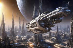  space, high_resolution, high detail , realistic, realism, futuristic, galactic capital city, techno, ancient, mystic, ion_engines, many small space ships