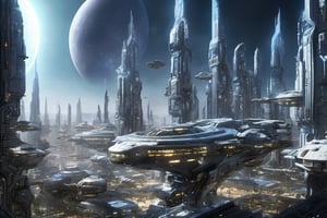  space, high_resolution, high detail , realistic, realism, futuristic, galactic capital city, techno, ancient, mystic, ion_engines, many small space ships