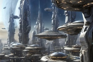  space, high_resolution, high detail , realistic, realism, futuristic, galactic capital city, techno, ancient, mystic, ion_engines, many small space ships