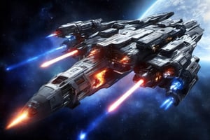  space, high_resolution, high detail , realistic, realism, futuristic, ion_engines, large space ship, battle with lasers, space war