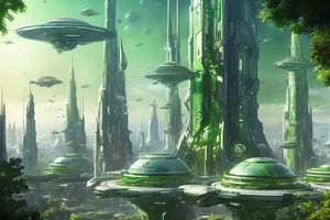  space, high_resolution, high detail , realistic, realism, futuristic, galactic capital city, techno, ancient, mystic, ion_engines, many small space ships in the background, green spires