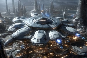  space, high_resolution, high detail , realistic, realism, futuristic, galactic capital city, techno, ancient, mystic, ion_engines, many small space ships