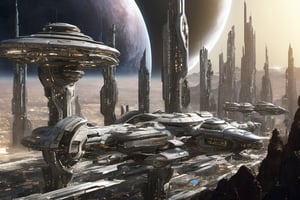  space, high_resolution, high detail , realistic, realism, futuristic, galactic capital city, techno, ancient, mystic, ion_engines, many small space ships