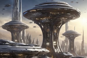  space, high_resolution, high detail , realistic, realism, futuristic, galactic capital city, techno, ancient, mystic, ion_engines, many small space ships