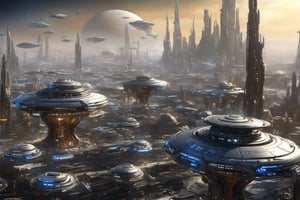  space, high_resolution, high detail , realistic, realism, futuristic, galactic capital city, techno, ancient, mystic, ion_engines, many small space ships in the background