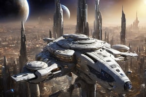  space, high_resolution, high detail , realistic, realism, futuristic, galactic capital city, techno, ancient, mystic, ion_engines, many small space ships