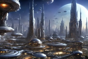  space, high_resolution, high detail , realistic, realism, futuristic, galactic capital city, techno, ancient, mystic, ion_engines, many small space ships in the background