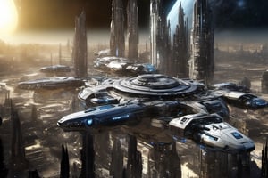  space, high_resolution, high detail , realistic, realism, futuristic, galactic capital city, techno, ancient, mystic, ion_engines, many small space ships