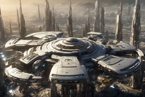  space, high_resolution, high detail , realistic, realism, futuristic, galactic capital city, techno, ancient, mystic, ion_engines, many small space ships